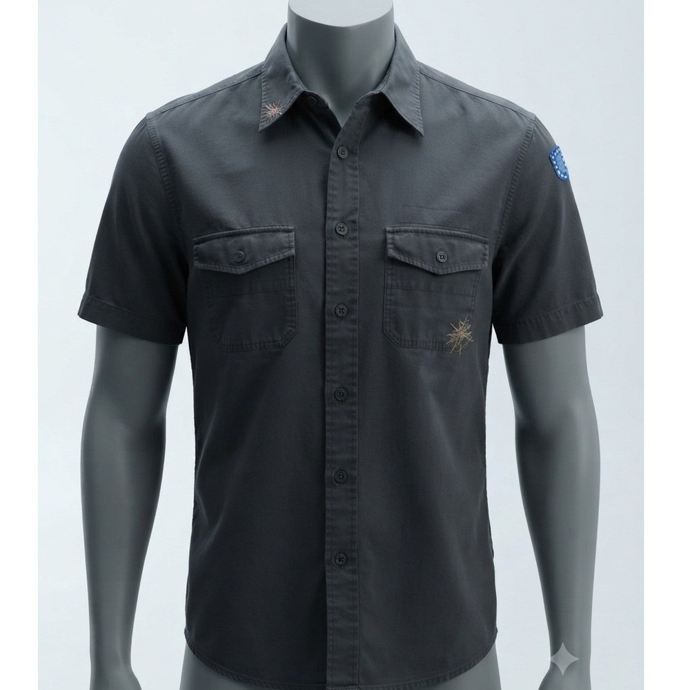 Y2K Express Mens Short Sleeve Military Button Down Shirt Embroidered Patch L